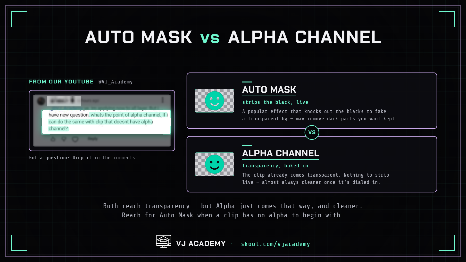 Auto Mask vs alpha channel: Auto Mask strips the black live to fake transparency and can remove dark parts you meant to keep; a real alpha channel comes with transparency baked in and stays cleaner. Reach for Auto Mask only when a clip has no alpha to begin with.