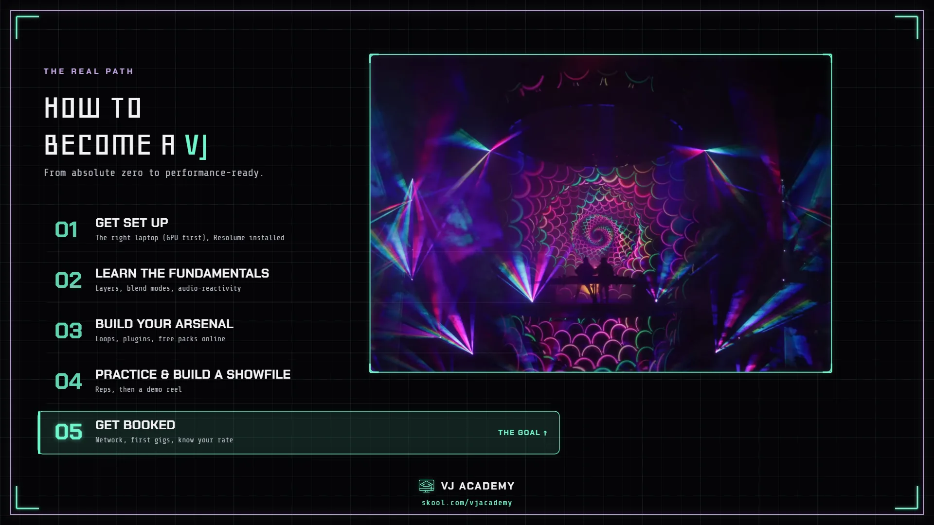 How to become a VJ — the real path from absolute zero to performance-ready in five stages: get set up, learn the fundamentals, build your arsenal, practice and build a showfile, and the goal — get booked